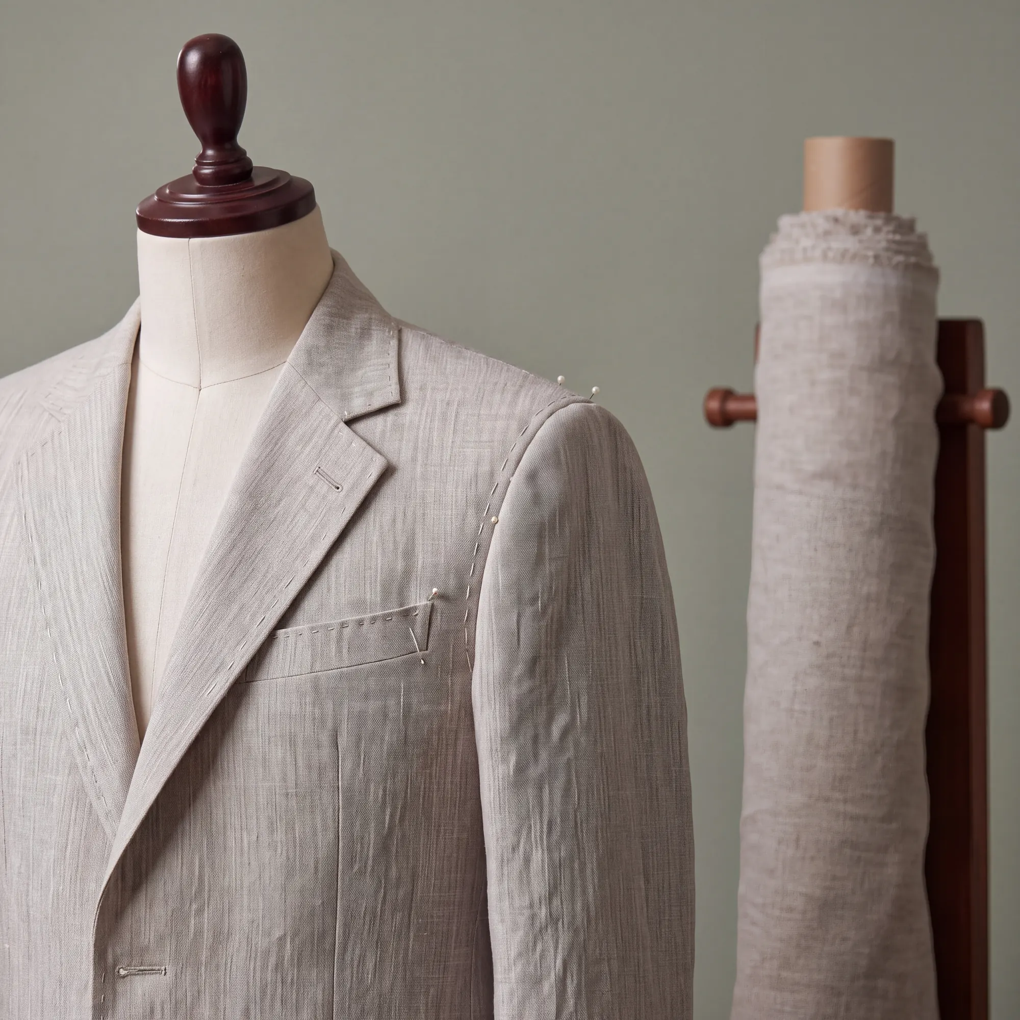 A part-made uniform jacket on a form in the workroom